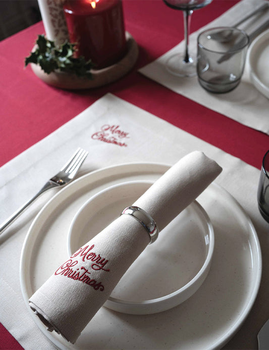 Serviettes en Lin Beige avec logo Merry Christmas brodé
