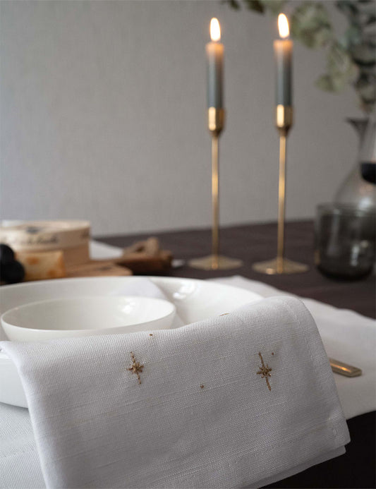Serviettes en Lin Blanc avec Étoiles brodées Dorées