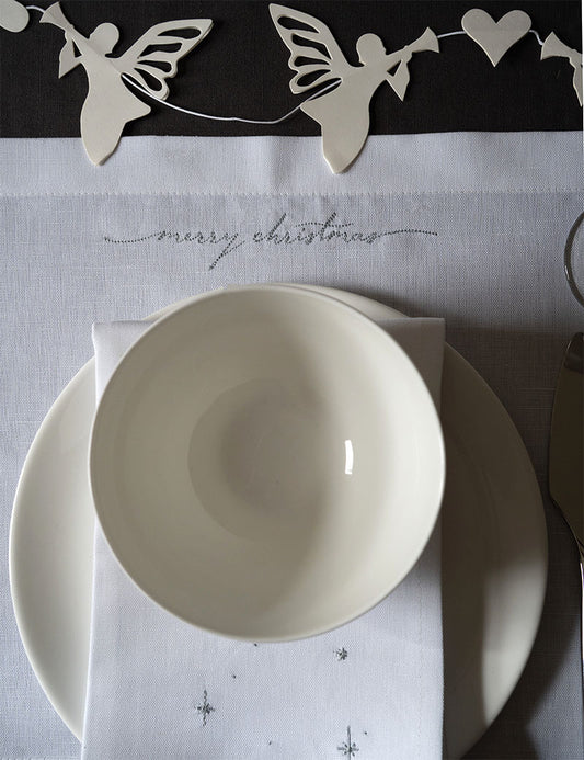 Tovagliette in Lino Bianco con auguri Natalizi ricamati in Argento