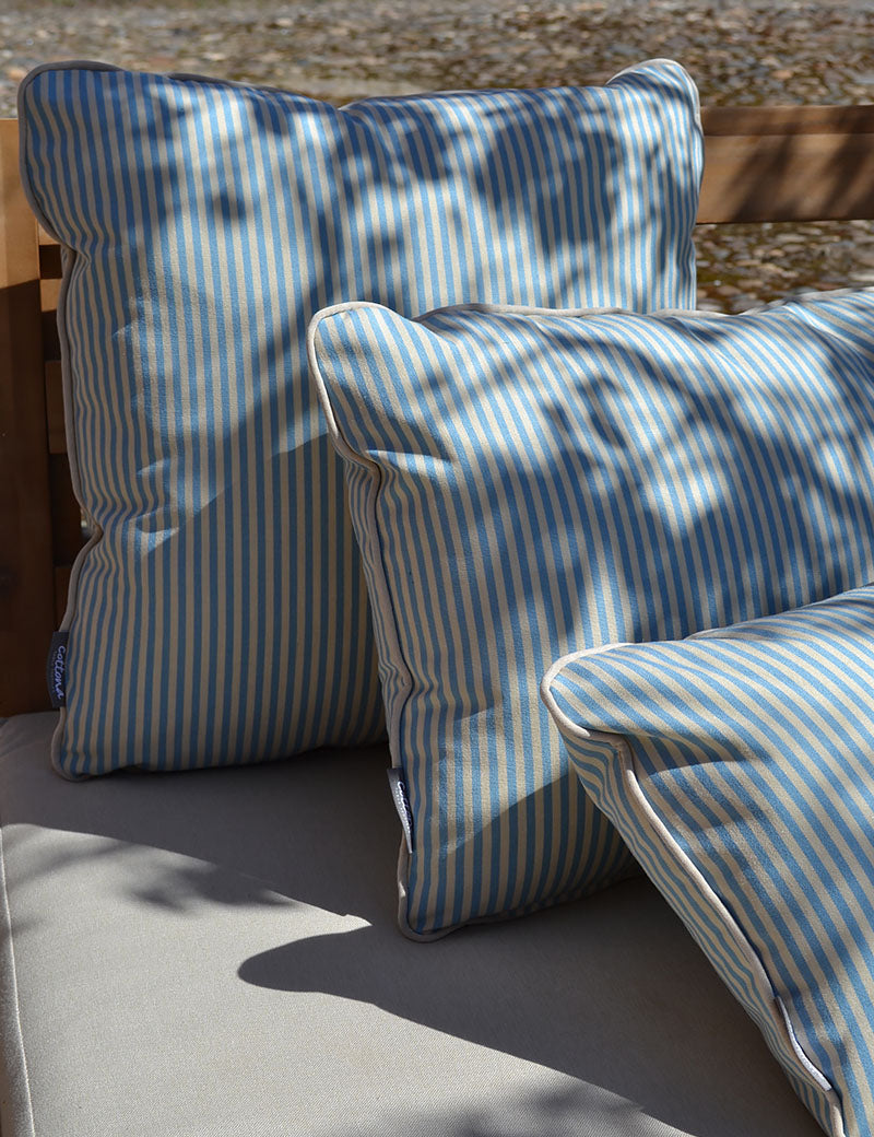 Cojín de exterior Rayas Azul / Ribete Beige