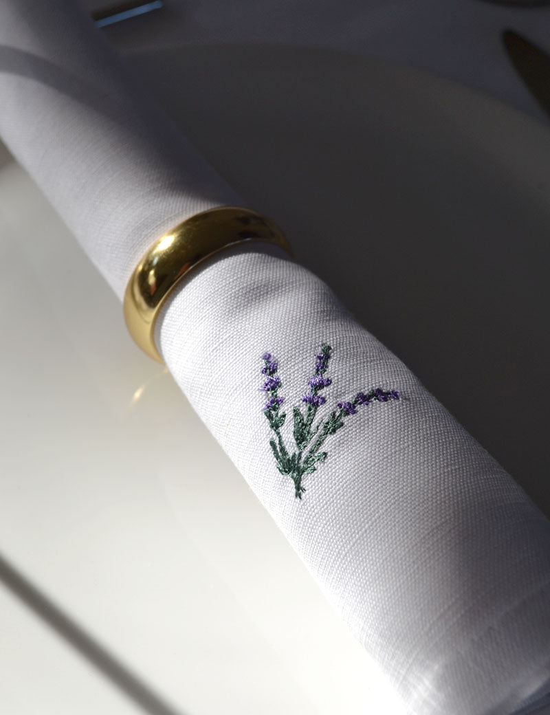 Servietten Leinen Weiß mit gesticktem Lavendel