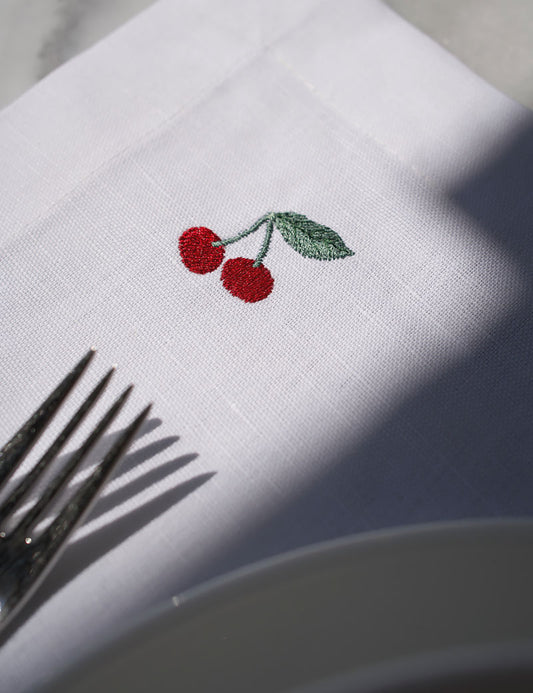 Tischsets Leinen Weiß mit gestickter Kirsche