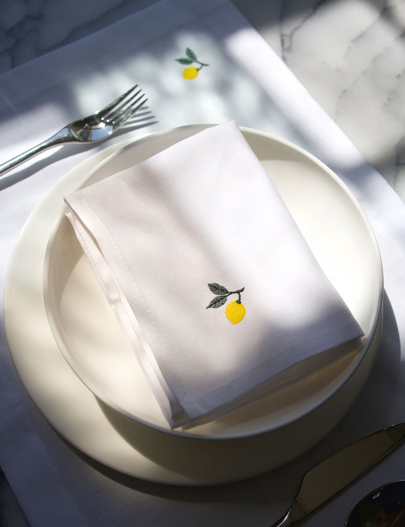 White Linen Napkins with Embroidered Lemon