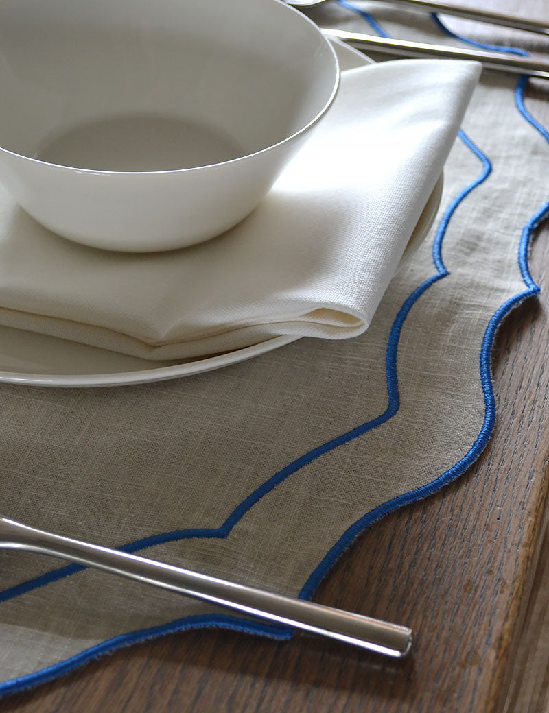 Placemat Linen Embroidered Natural/Blue