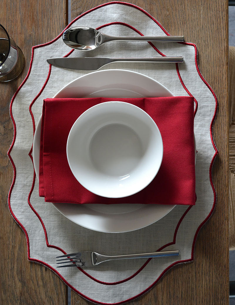 Placemat Linen Embroidered Natural/Red