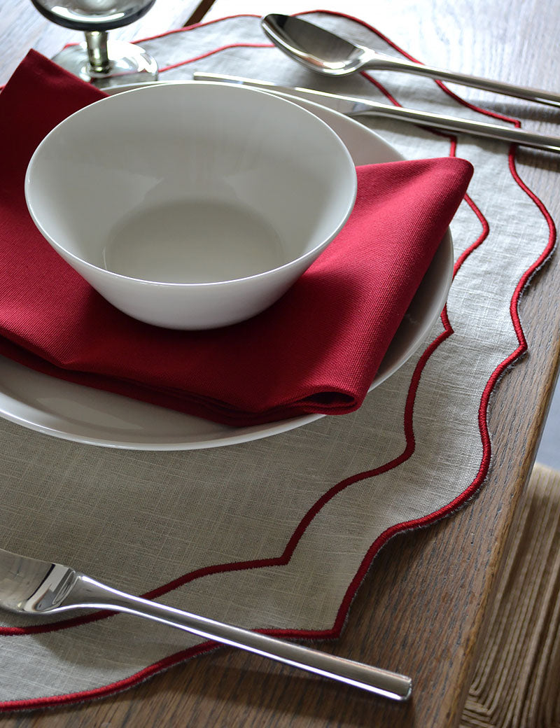 Placemat Linen Embroidered Natural/Red