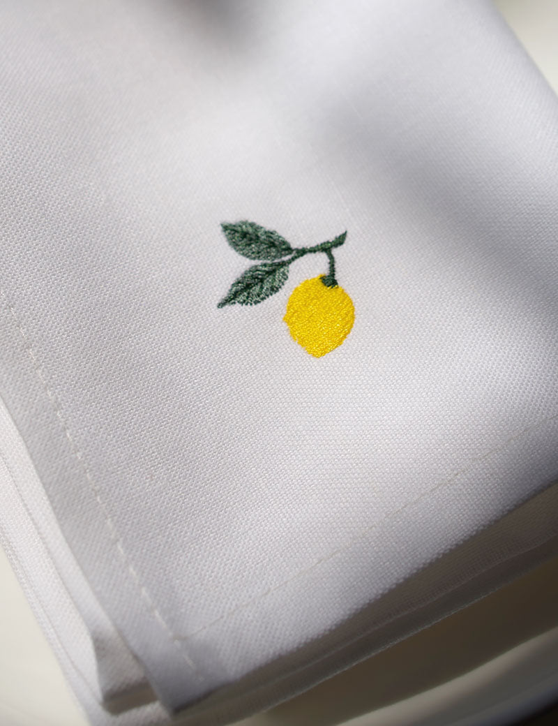 White Linen Napkins with Embroidered Lemon